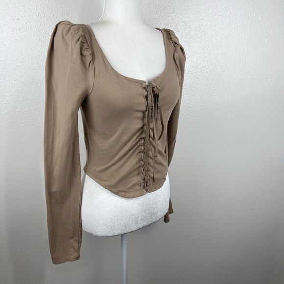 Free People Blouse Women Medium Brown Puff Sleeve Corset Tie Front Scoop Neck - Picture 3 of 15